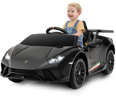FANTASK Lamborghini - Coche eléctrico para niños, 12 V, 3 velocidades, con Mando a Distancia, Luces LED, claxon, música y USB, Color Negro