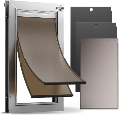 VOSOIR All Aluminum Dog Door with 2 Magnetic Flaps & 1 Replacement Flap, Heavy Duty Large Doggy Door for Exterior Doors, Doggie Door wtih 2 Closing Panels, Dual Aluminum Locks, for Pets Up to 110 Lb