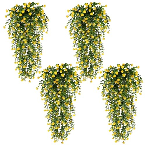 XIAOGUA 4 Piezas Plantas Artificiales Decorativas Planta Colgante Artificial Home Decoration Artificiales Colgantes con Maceta Hiedra Artificial 78cm Largo para Cocina, Sala de Estar(Amarillo)