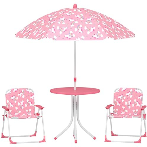 AIYAPLAY Tavolo da Picnic per Bambini, Set Tavolo e Sedie con 2 Sedie Pieghevoli e Ombrellone Removibile, Tema Giungla, Mobili da Esterno per Giardino, Patio, Rosa