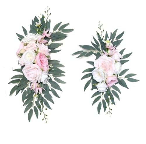 Zymjzbetic Konstgjorda blommor kit för bröllopsbågar konstgjorda blommor kit för rosett bröllop, rosa och blå girlang gardiner för dekorationer, välkommen skylt (rosa)