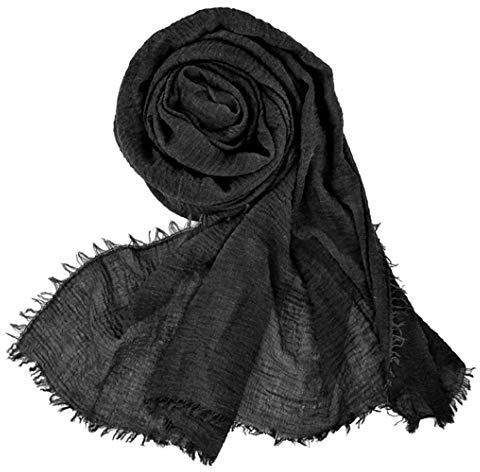 Women Summer Cotton Blend Crinkle Vintage Soft Long Scarf Linen Beach Shawl Wrap (Black)
