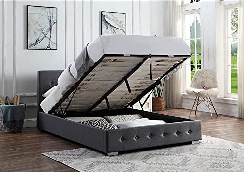 Home Treats Ottoman Storage Bed Grey | King Size Bed Frame With Storage & Gas Lift Bed 5ft | Upholstered in Durable Grey Linen Fabric (King Size - No Mattress, Dark Grey)..