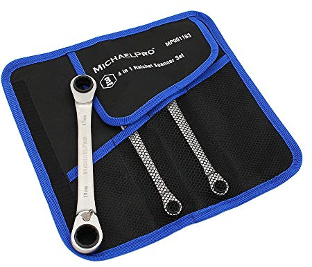 MichaelPro MP001163 Jeu de clés à cliquet 4 en 1, 12 tailles en 3 pièces, métriques 8, 9, 10, 11, 12, 13, 14, 15, 16, 17, 18, 19 mm, fabriqué à Taïwan