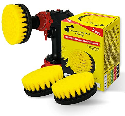 Kornely Brosse de Perceuse Premium – Semi-Souple 13 cm Jaune Lot de 3 | Brosse de Nettoyage Anti-Rayures pour Carrelage, Joints, Baignoire, Douche, Fibre de Verre et Céramique