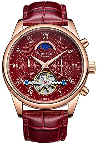 SWAN AND EDGAR Complexity Designer Mens Automatic Watch with Sapphire Crystal, Day, Date & Business Quarter, Leather Strap, Water Resistant 30M, Analogue Mens Watch - Red