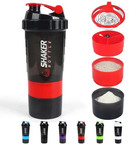 VIGIND Bottiglia shaker per proteine, a prova di perdite, borraccia sportiva per miscelatore di proteine, antiscivolo, a 3 strati, 473 ml, con vassoio per pillole (rosso)