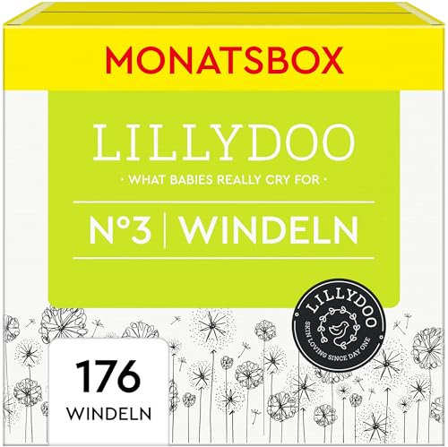 LILLYDOO hautfreundliche Baby Windeln - Größe 3 (6-10 kg),Monatsbox (176 Stück), Sicherer Auslaufschutz, Weich, Ohne Parfüme & Lotionen für empfindliche Haut, Dermatologisch getestet