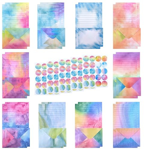 Tanstic 200 pezzi (50 set) 14,9 x 21,8 cm set di carta da cancelleria per acquerelli e buste mini carta da cancelleria con adesivo rotondo a pois per inviti, lettere