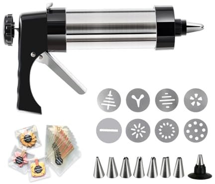 Abiyou Pressa per Biscotti, Biscotti Professionale Pistola con 8 Ugelli e 13 Stencil, Pressa per Pasticceria Invia 100 Sacchetto per Biscotti, Siringhe per Pasticceria,Pressa Biscotti,per Fare Torte
