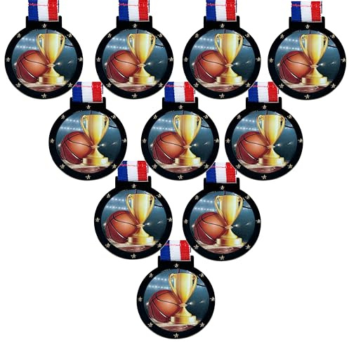 Express Medals Basketball Award Medals with Attached Neck Ribbons Trophy Medal Trophies Gift Prize Team, 10 Pack of Large 2.25 Inch, Black Gold Star UV