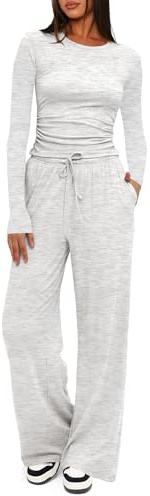 Darong Women's 2 Piece Lounge Sets Long Sleeve Tops Wide Leg Pants Casual Outfits Pajama Set Fall Collection 9065A White Grey S