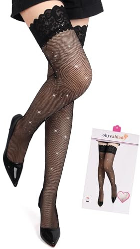 ohyeahlady Netzstrümpfe Halterlos Strümpfe für Damen Sexy Große Größen Nylonstrümpfe Glitzer Stockings Thigh Highs Femboy Hohe Elastizität Strapsen Dessous Mollig Box Packung Schwarz L-XXL