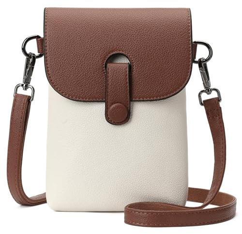 SENDEFN Crossbody Phone Bags for Women Genuine Leather Phone Purse Bag with Shoulder Strap and Card Slots (White Brown)