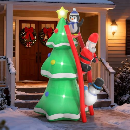 Froadp Aufblasbarer Weihnachtsbaum mit Treppe, Pinguinen, Weihnachtsmann und Schneemann 2,4m Weihnachtsdeko mit LED-Leuchten, Erdspießen, Seilen und Transparenten Tasche für Garten Patio Innen Außen