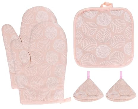 QUARKZMAN 5 Pcs Moufles De Four Et Protège-Mains, 10.6 Pouces Gants De Four Anti-Dérapants Motif Feuille Protège-Mains pour Gril, Cuisson, Tenir Casseroles Chaudes, Rose Clair