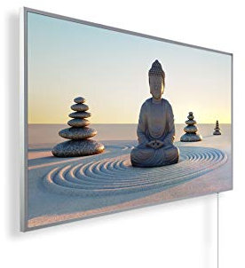 Könighaus 800W Infrarotheizung mit Bild in HD Qualität ✓ inkl. Smart Thermostat ✓ 5 Jahre Garantie ✓ Doppelter überhitzungsschutz ✓ Infrarot Wandheizung ✓ Motiv: 123. Buddha im Sand