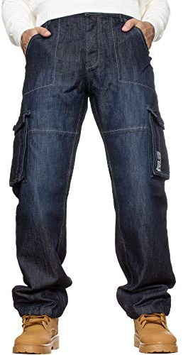 Ze ENZO Pantalon de combat pour homme, cargo décontracté, pantalon de travail en denim, grande taille, toutes les tailles, Dark Stonewash, 34W / 32L
