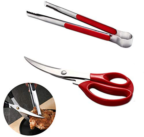 Juego de tijeras y pinzas coreanas para barbacoa, tijeras para barbacoa, pinzas ergonómicas de acero inoxidable y clips para cocina, clips de cocina, tijeras de pizza para un uso fácil (rojo)