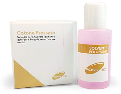 Solvente per unghie senza acetone con Cotone Pressato. Delicato e non danneggia l'unghia rimuove lo smalto velocemente senza lasciare tracce di colore