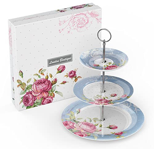 London Boutique Alzata per torte a 3 ripiani, in porcellana Bone China, stile vintage, per tea party, regalo per lei (blu)