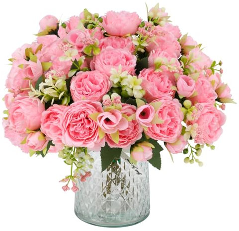 JUSTOYOU 4 Bündel Künstliche Blumen Pfingstrose mit 20 Köpfen Blumen Rosa Gefälschte Pfingstrosen Seidenblumensträuße für Hochzeit Zuhause Tischparty Fensterdekoration (Rosa)
