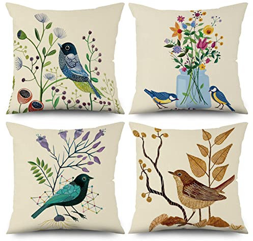 ASDCXZ Frühling Kissenbezug 40x40 cm 4er Set, Blume Vogel Muster Beige Sofa Kissen Dekokissen Kissenbezüge Kissenhülle Waschbar Polyester Flachs Textil Outdoor Polster Kopfkissenbezug Kissen Bezug