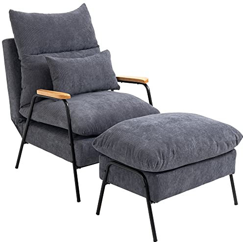 HOMCOM Fauteuil de Relaxation avec Repose Pied Style néo-rétro - Dossier inclinable - Structure Acier Noir accoudoirs Bois hévéa revêtement Velours côtelé Gris