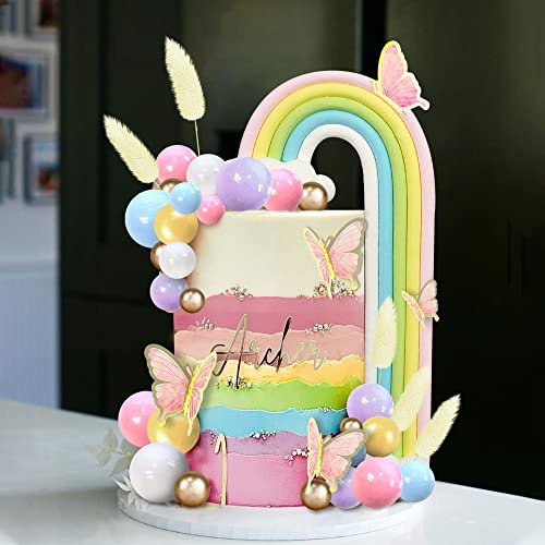 Rainbow Cake Topper Balls Cake Decorations Boho Cake Topper with Colorful Cloud Rainbow Butterflies for Wedding Birthday Supplies (Colorful 2)