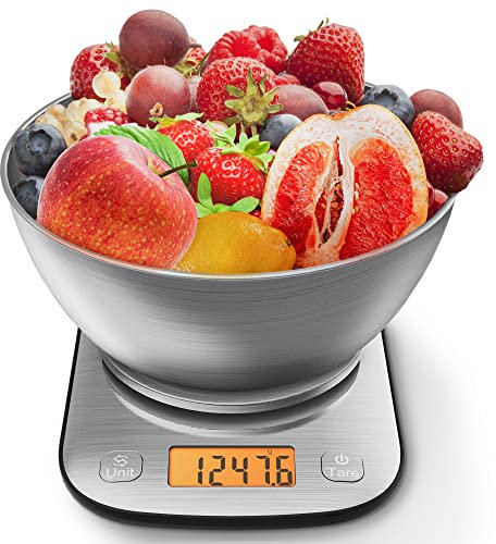 GRAM PRES Bilancia digitale da cucina con grado di impermeabilità IPX6, professionale, in acciaio inox, con ciotola per la perdita di peso, per la dieta e la cottura