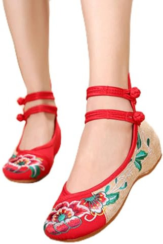 Women's Vintage Embroidered Canvas Ballets Flats Ladies Fabric Plus size Comfortable Chinese Ballerinas Embroidery For Summer Sandals (Color : Red, Size : 6.5 UK)