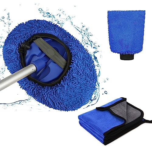 URAQT 4 Pezzi Kit di pulizia auto con 2 Pcs Panno Asciugatura di Pulizia in Microfibra Superfine e 1 Pcs Guanto Lavaggio, Panno Asciugatura Pulizias Auto,Super Assorbenti, per Cura Auto Moto,Blu scuro