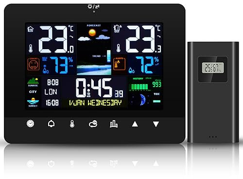 ALLOMN Weather Station with Outdoor Indoor Sensor, Touch Weather Clock Color Display Wireless Digital Weather Station with Temperature/Humidity/Barometric/Forecast/Dual Alarms, Adjustable Backlight