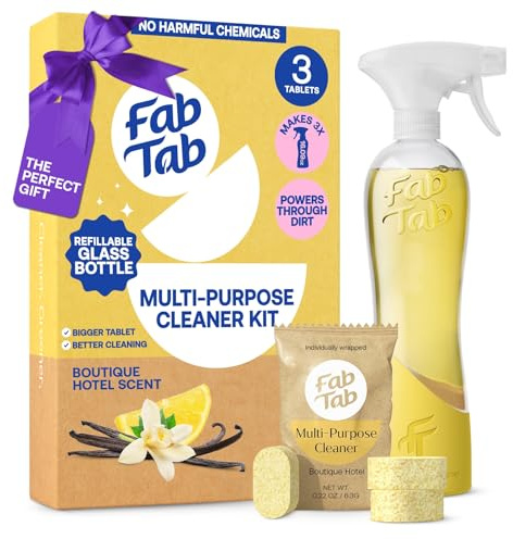 Fab Tab Multi Purpose Cleaner Cleaning Tablets, Eco-Concious Refillable Glass Bottle System with Boutique Hotel Scent, Safe For Family and Pets - Chemical-Free, Plastic-Free - 3 Count