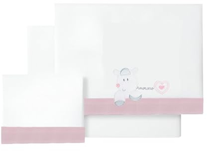 various Set Lenzuola Lettino Neonato 60x120 cm, 100% Cotone Extra Morbido, Include Lenzuolo con Angoli, Lenzuolo Sopra e Federa, Biancheria Letto Bambino Traspirante Colore BCO/Rosa