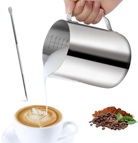 VFANDV Milchkännchen, 1000ML Handheld Edelstahl Aufschäumkännchen, Kaffee Creamer Milch Aufschäumer Kännchen Tasse mit Messung Mark, Milchkännchen Perfekt für Barista Cappuccino Espresso Latte