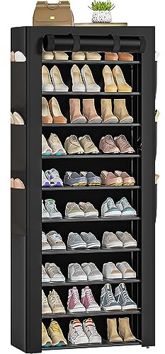 OYREL Shoe Rack with Cover 10+1 Tier Tall 36-41 Pairs with 6 Side Pockets Large Storage Capacity Dustproof Shoes Storage for Closet Entryway, Sturdy Black Shoe Organizer Stand Shelf