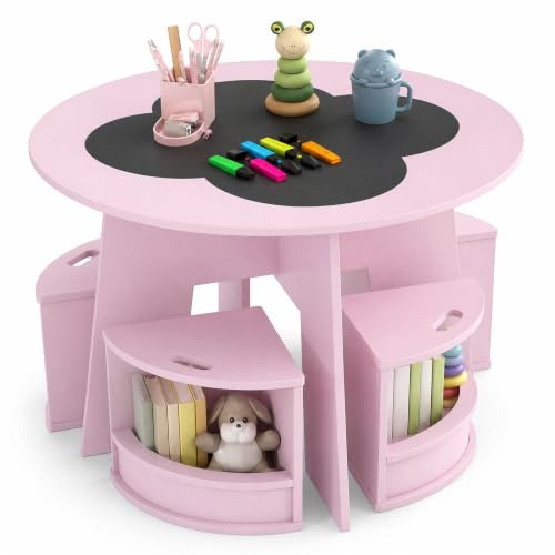 LIFEZEAL Barnbord med 4 stolar, runt målningsbord med 4 förvaringspallar, aktivitetsbord med krittavla, barnsittgrupp för barn från 3 år (rosa)