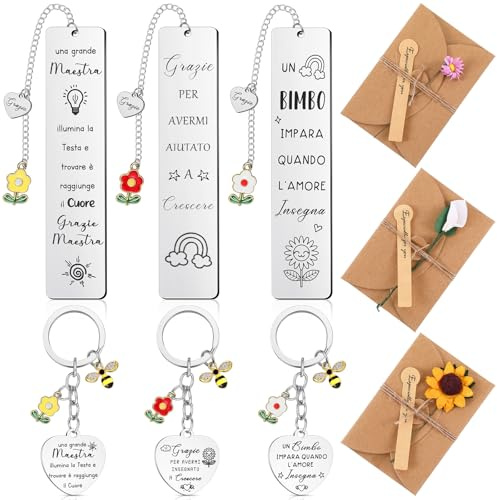Clabby 3 Sets Cadeau de Fin d'Année pour Enseignants Porte-Clés du Professeur Marque-Page Carte de Vœux Enveloppes pour Cartes Postales Cadeaux pour Remise Enseignante de Maternelle