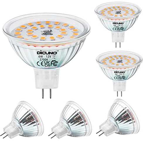 DiCUNO GU5.3 MR16 LED-lampa, 6W motsvarande 50 W halogen, varmvit 2 700 K, 530 lm, 12 V LED-spotlight GU5.3, dimbar, strålvinkel 120°, reflektorlampa för infälld belysning, 6 stycken