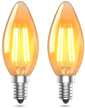 TobeBright E14 Vintage LED Light Bulbs Warm White 2200K 4W (40W Equivalent) SES C35 Candle LED Filament Bulb E14 Small Edison Screw Bulb Amber Glass Non-Dimmable for Chandeliers, Wall Lamp, 2-Pack