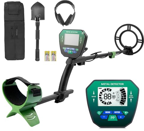 Metal Detector for Adults (LCD Display), Kids Metal Detector Pinpointer, Gold Panning Kit, with Headphones, Folding Shovel, Adjustable 90–130cm, for Gold Digger, Beach & Garden Treasure Hunting