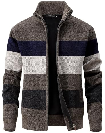 CoXuantion Herren Strickjacke Feinstrick Cardigan Stehkragen Gestrickt Winterjacke Wintermantel Freizeitjacke Langarm Sweatjacke mit Reißverschluss L,Khaki