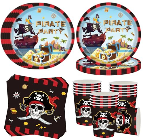 Set di stoviglie da festa per 16 ospiti, 52 pezzi nave pirata, set di piatti di carta, decorazione pirata, piatti di carta pirata, tovaglioli, bicchieri, feste pirate, feste di compleanno dei bambini