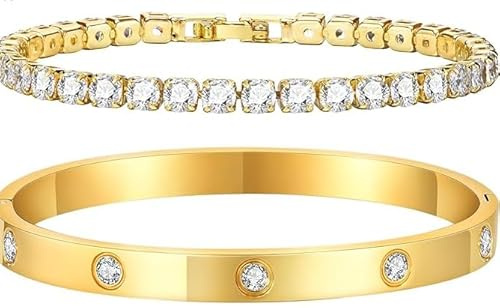 JOZMMZEOOA Damsmycken 2 stycken guldarmband dam 10 diamanter, zirkon armband 4 mm brett, guld levereras med en vacker presentask