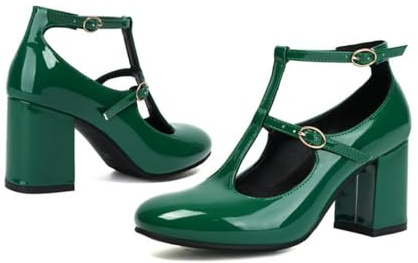 DSKHDZW Women Retro T - Strap Heels Block Heel Office & Formal Pumps Patent Leather Party & Evening Shoes,Green,8 UK