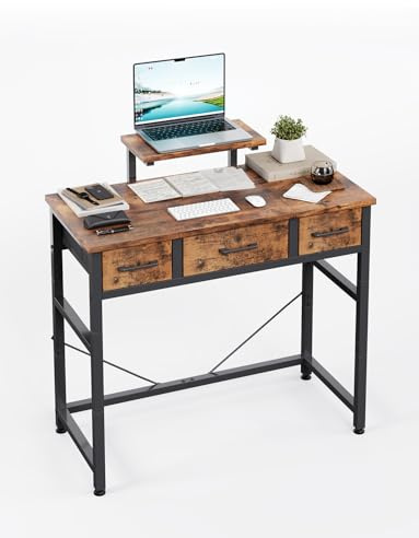 KitMent Small Desk with 3 Fabric Drawers, Small Computer Desk with Adjustable Monitor Stand and Hook, 76x36cm Table for Makeup Vanity, Home Office,Kid's Study, Gaming, Rutic Brown