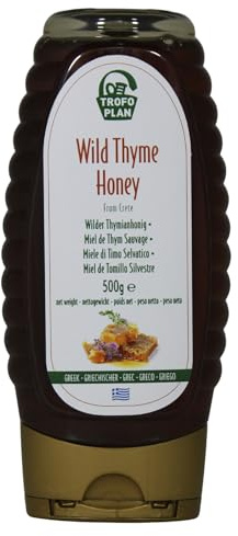 TrofoPlan Miele Greco di Timo Selvatico di Creta 500g – Miele Grezzo e Naturale – Miele Floreale Aromatico – Produzione Familiare di Apicoltori – Bottiglia Squeeze – Miele Premium Mediterraneo