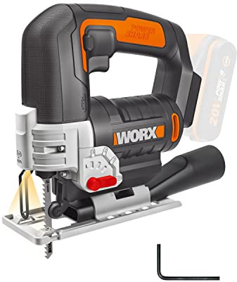 Worx WX543 20V Cordless Jigsaw with 1x 2.0Ah Battery, Charger & Carry Case – Variable Speed, 4-Stage Pendulum, Bevel Cutting Base, LED Light & Dust Blower for Clean, Precise Cuts