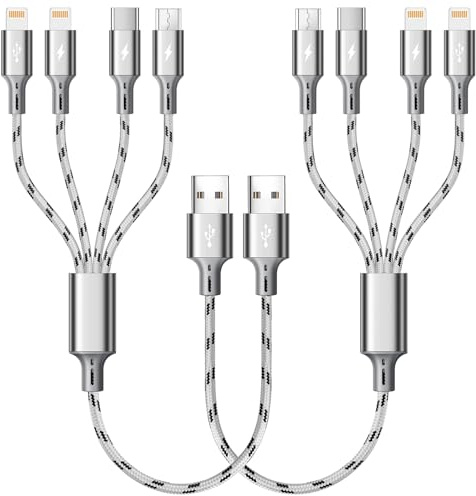 ASICEN Multi Charging Cable 2Pack 1Ft Short Multi Charging Cord Braided 4 in 1 Multiple USB Cable Charger Cable with Lightning/Type C/Micro USB Port for Cell Phone, iPhone, Galaxy, PS, Tablets & More